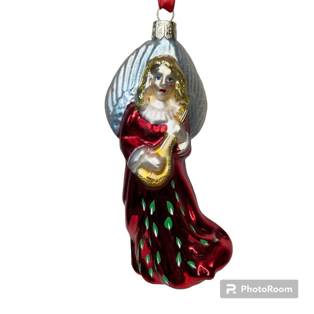 Waterford Christmas Angel Ornament Blown Glass Holiday Red Green Glitter